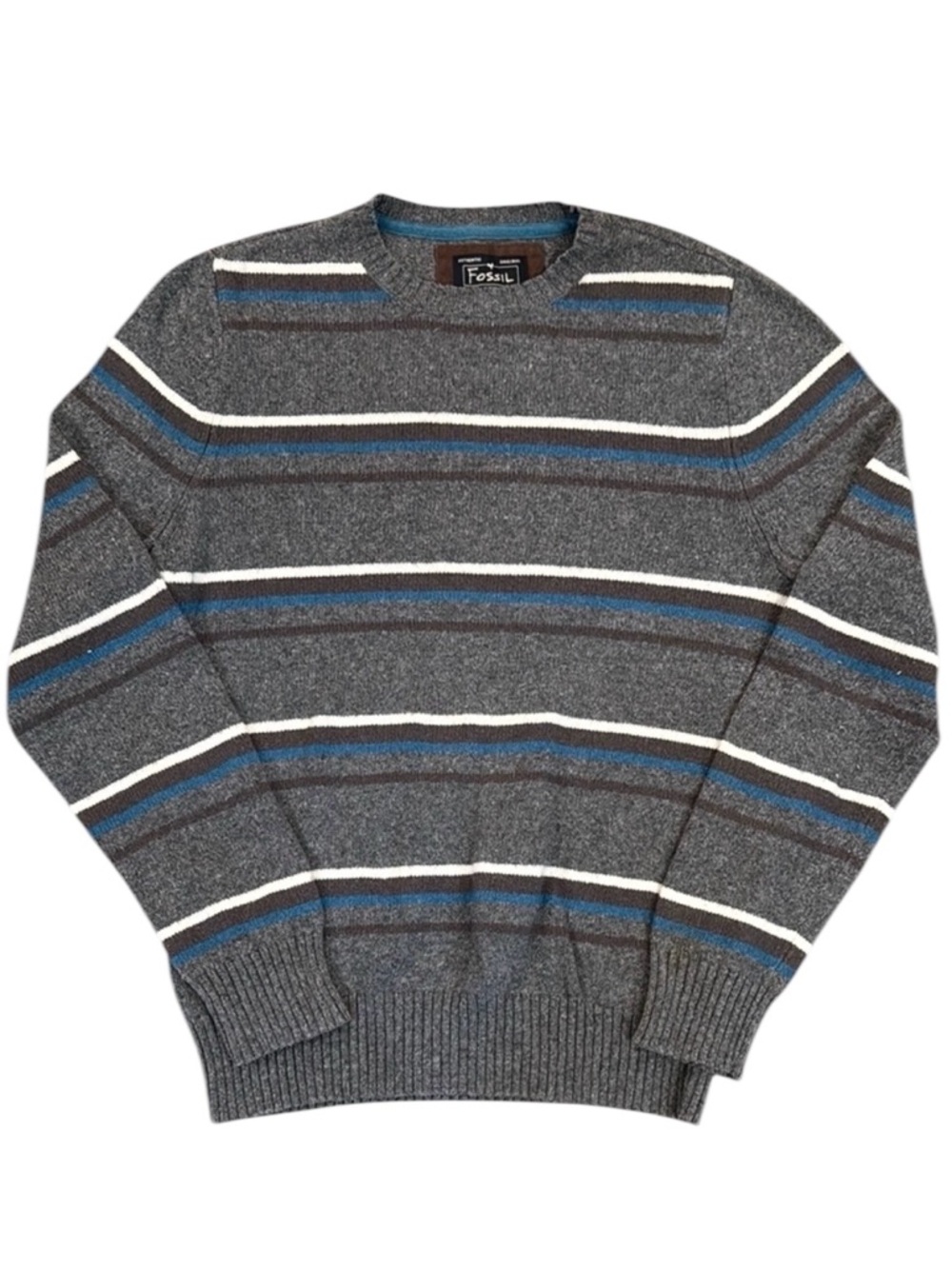 Vintage 90s Fossil Men’s Large Cotton Lambswool Blend Gray Blue Striped Sweater